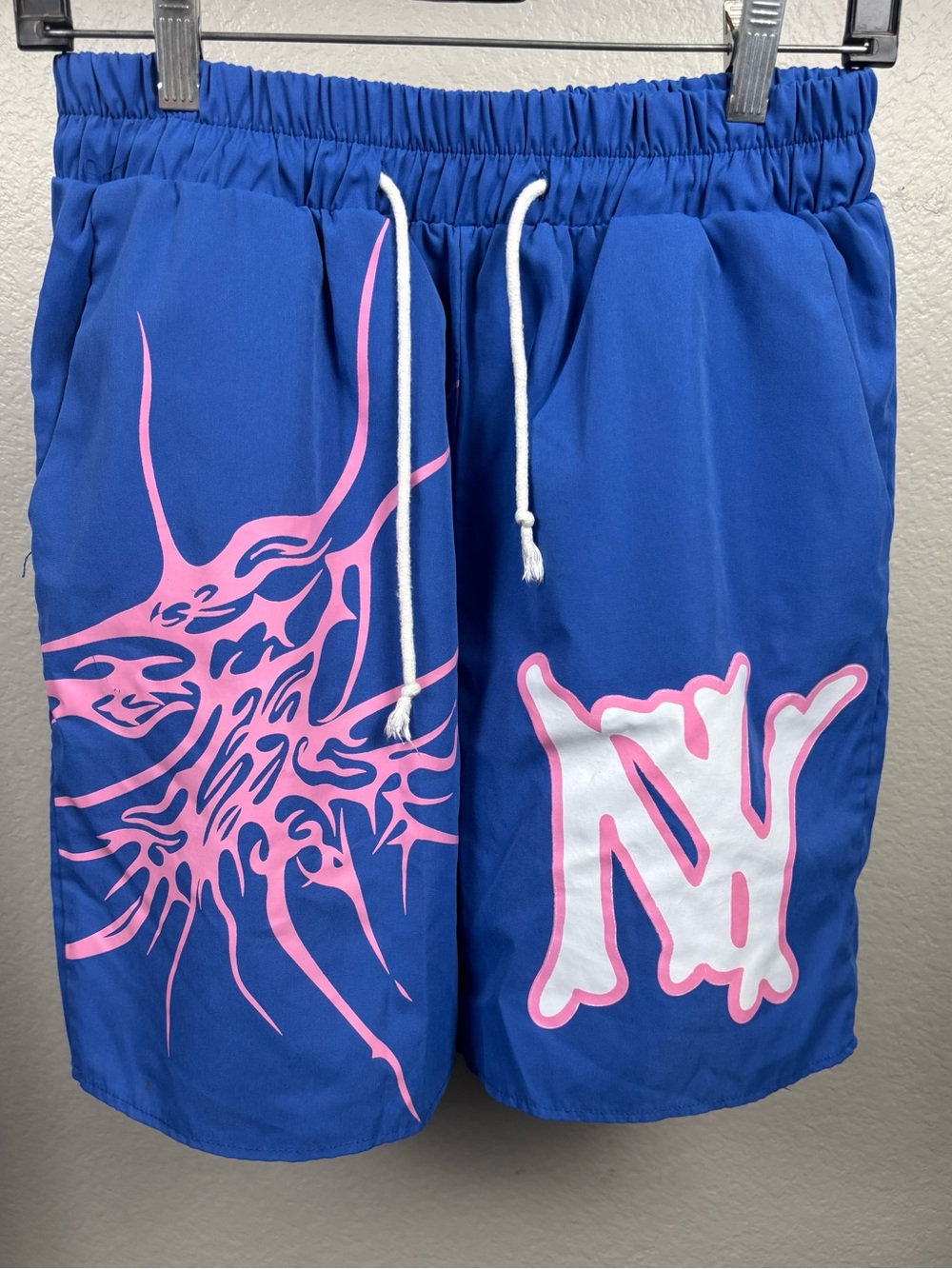 Blue Men's Drawstring Shorts with Pink Graphic